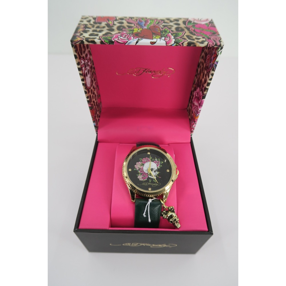Ed Hardy Women Watch Gold Tone Skull Roses Black‎ Strap Tattoo Art New In Box